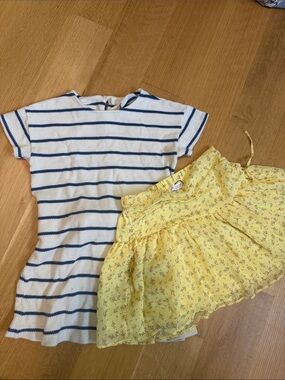 Zara Girls Yellow Floral Skirt & White Navy Stripe Dress Set 11-12